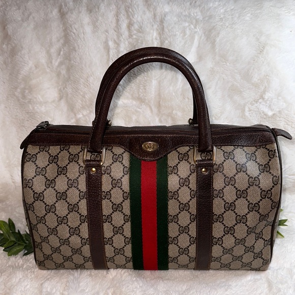 Gucci Handbags - GUCCI Brown leather/coated canvas vintage Authentic MInt Boston bag w/web 13x6x8